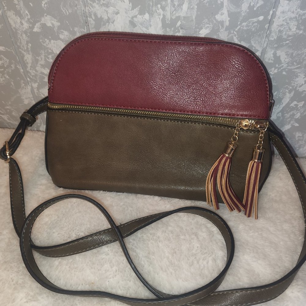 Dasein crossbody leather bag, Brown and Maroon.  11X8X4